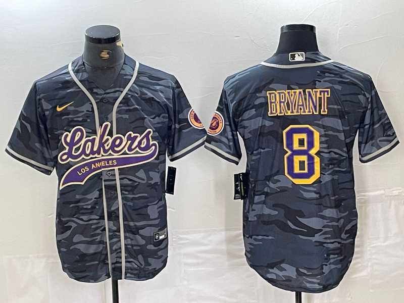 Men%27s Los Angeles Lakers #8 Kobe Bryant Grey Camo Cool Base Stitched Baseball Jersey->los angeles lakers->NBA Jersey